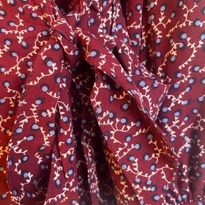 Talbots Tiny Floral Merlot Wrap Blouse, 24" slv, 100% rayon, elastic back waist.
